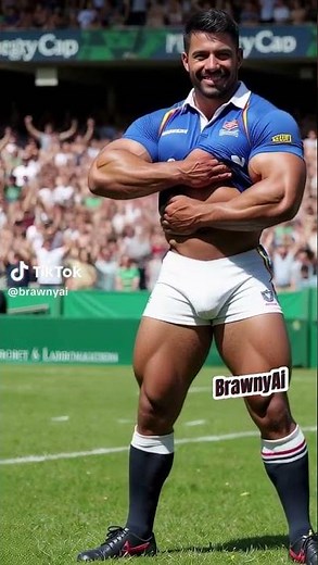 BrawnyAi: Bulging Rugby Player in tight shorts & shirt, lifts shirt to show belly button, and 🫶's it