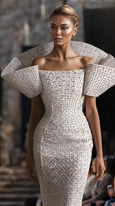 The snow white lines stay sharp, the form unwavering, even as the fabric shifts with her stride. It’s not just movement - it’s presence, held in every step. #SAIIDKOBEISY #Couture | Saiid Kobeisy