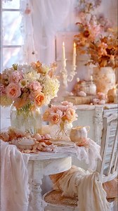 A pastel orange shabby chic autumn scene, blending distressed white furniture, lace details, and delicate florals in blush and peach. Soft throws, glowing candlesticks, and pastel autumn leaves create a romantic, nostalgic atmosphere filled with cozy seasonal charm. #shabbychic #shabbychicdecor #shabbychicstyle #cozyhome #homedecor #vintagestyle #cozyvibes #home | I Heart Much Shabby Chic