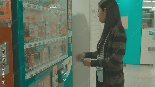 A person interacting with a modern vending machine, showcasing automated technology and convenience in everyday life.