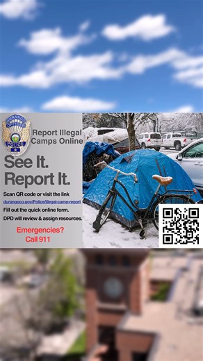 🌨️ Winter is coming to Durango — and with it, real risks for those living without shelter. As temperatures drop, exposure to the cold can become life-threatening for people staying in illegal camps. Our officers are working to connect individuals with resources, but we need the community’s help. If you see an illegal camp, you can now report it directly online. Your report helps us respond quickly, check on those who may be in danger, and coordinate cleanup or outreach before conditions worsen.