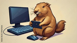 The beaver sits at the computer, holding the keyboard. Concept: Advertising campaign for IT services, programming courses, technologies, office equipment.