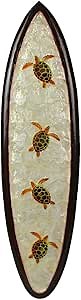 Hand-Carved Wood and Capiz Shell Decorative Surfboard Featuring Four Sea Turtles - Artisan Crafted - Coastal Ocean Art Wall Decor Measuring 31 Inches Long