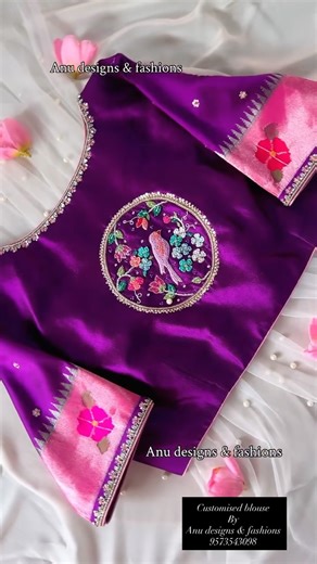 Anu Designs & Fashions® on Instagram: "💜💐BLOUSE 💐💜 Blouse cost is Rs 12,500/- includes embroidery and stitching. Fabric and shipping charges applicable. Subject to copyright if posted without original Credits ⛔️®COPYRIGHTS TRADEMARK REGISTERED™️⛔️ We are only into customisation and no ready mades. 📞+91 9573543098 call now to order yours. (Blouse can be customized in any color of your choice as per your saree requirement.) (Ex: Neckline, Fabric, Placement of Embroidery and Tassels) SAREE IS 