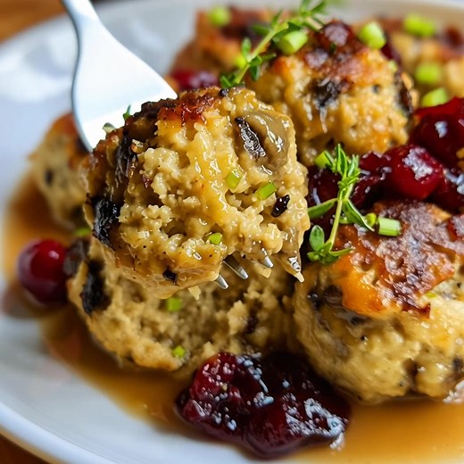 Cranberry Turkey Stuffing Balls (with Mushroom “Blend”) Introduction Bring the flavors of the holidays to your table any time of year with these juicy, savory Cranberry Turkey Stuffing Balls. Each bite combines tender ground turkey, a rich mushroom “blend,” tangy cranberries, and classic stuffing goodness—all rolled into one comforting dish. Drizzled with warm gravy and topped with fresh herbs, it’s a cozy, crowd-pleasing favorite that tastes like Thanksgiving made easy. Ingredients 1 lb ground