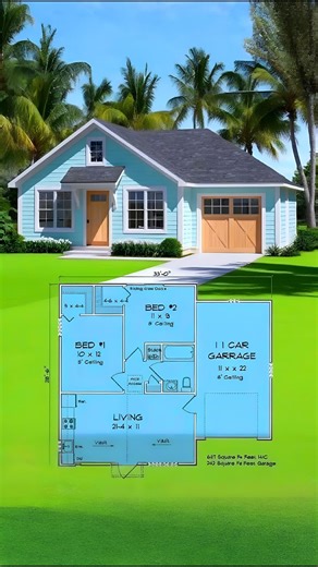 🌿A warm and charming 2-bedroom cottage with a vaulted living room, perfect for a cozy family lifestyle.💚 For inspiration ideas only. Dimensions: Overall: 33'-0" (width) x 28'-6" (depth) Total Area: 1,049 sq ft Living Room: 21'-4" x 11' (vaulted ceiling) Bedroom 1: 10' x 12' (8' ceiling) Bedroom 2: 11' x 9' (8' ceiling) Garage: 11' x 22' (8' ceiling, 242 sq ft) #DreamHouse #SmallHome #2Bedrooms #FloorPlan🌿 🏡ℂ𝕣𝕖𝕕𝕚𝕥 𝕥𝕠 ℝ𝕚𝕘𝕙𝕥𝕗𝕦𝕝 𝕆𝕨𝕟𝕖𝕣💚 | Dream House