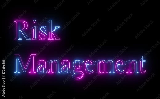 Neon risk management icon glows with animated text, shields, charts, and alerts, symbolizing assessment, mitigation, compliance, stability, foresight, control, resilience, and secure strategic .