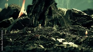 Rugged volcanic structures with swirling smoke and fiery debris, symbolizing the immense power of nature and its transformative capabilities.