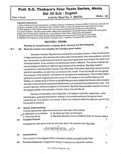 Std.12th English Activity Sheet No.4 Full Solution | HSC Board Exam | Practice Test | English | Tips