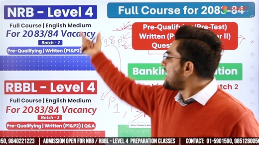 ✍️ #AdmissionOpen for New session of Banking Preparation Classes in English Medium. 📝 Nepal Rastra Bank (NRB) - Assistant Second (NRB Level 4) 📝 Rastriya Banijya Bank Ltd (RBBL Level 4 and RBBL Level 5) RegisterNow: https://bit.ly/Edusoft-Banking ✍️✍️ Classes for Next year FY 2083-84 🔠 Pre-Qualifying Exam FY 2083-84 📝 NRB - Assistant Second (NRB Level 4) FY 2083-84 📝 RBBL Level 4 and RBBL Level 5 FY 2083-84 1) Call us today 📞 01-5901590, 9851280050, 9840221223 2) WhatsApp 🤳 https://wa.me/
