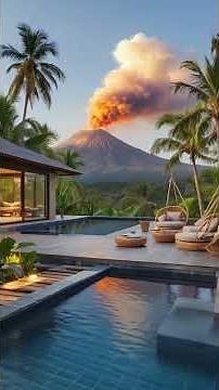 Volcano Eruption View from Jungle Hotel Terrace | 4K Nature Sounds & Relaxing Music