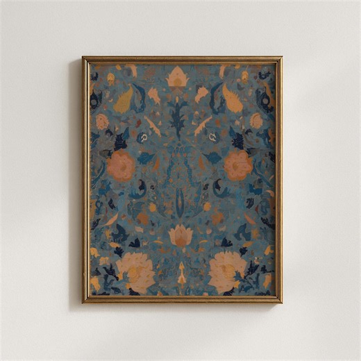 Antique Persian Floral Print | Vintage Turquoise Damask Wall Art | Rustic Ornate Textile Sketch | Maximalist Boho Decor | Digital Download - Etsy