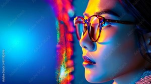 Stylish Woman in Glasses looks at moving code reflected in her glases
