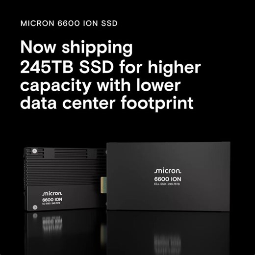 A quarter‑petabyte density. A single SSD. This is what scaling AI infrastructure looks like.We’re proud to announce the 245TB Micron 6600 ION SSD is now shipping — delivering a step‑change in storage efficiency. Compared to HDD‑based deployments, the 245TB Micron 6600 ION SSD enables petabyte‑scale capacity with fewer drives and racks, helping reduce power, cooling, and data center footprint.Built with Micron’s innovative QLC NAND, the 245TB Micron 6600 ION SSD is ideally suited for hyperscale, 
