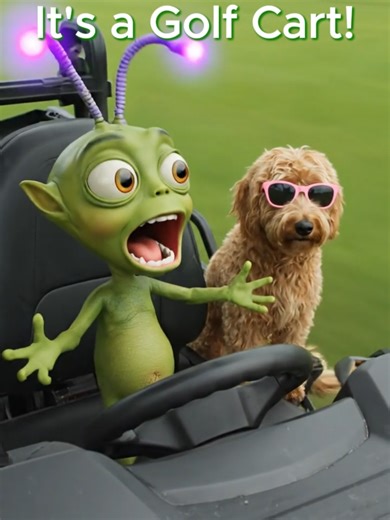 What is he talking? I told him to watch the hazards. #MillieAndTheAlien #GolfCart #DriveSafe #AlienDriver #CGI #FastAndFurious