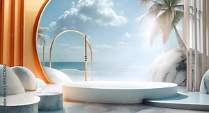 3D podium with ocean view gold gate and pastel background for product promotion. Concept Product Promotion, 3D Design, Ocean View, Gold Theme, Pastel Background