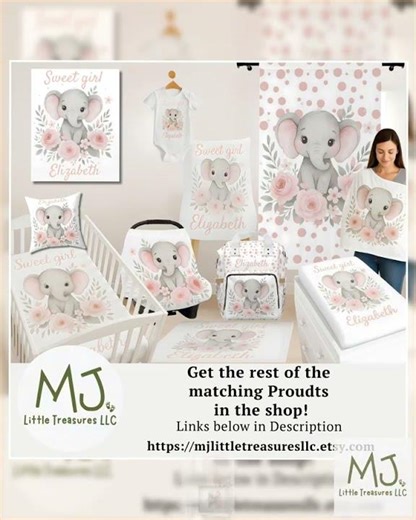Personalized Elephant Crib Sheet Custom Name Baby Girl Nursery Bedding Floral Watercolor Elephant...