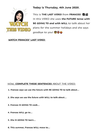 Future with be going to and will video worksheet
