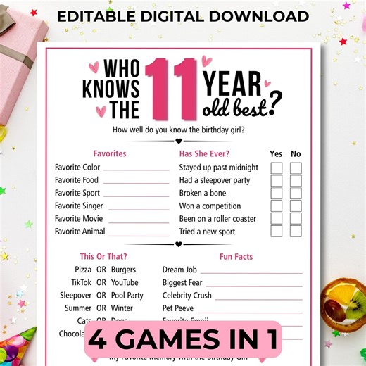 11 Year Old Birthday Girl Party Game Printable: Who Knows Her Best Activity - Etsy