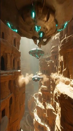 Futuristic Canyon City — UFOs Hovering Through Ancient Sandstone