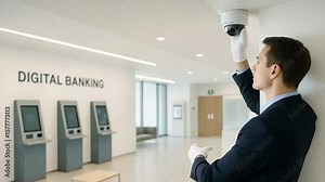 Installing security cameras for digital banking at modern atm facility in corporate environment