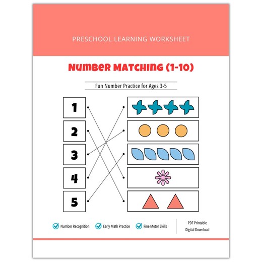 Number Matching (1-10) Worksheet Printable, Preschool Math Activity, Kindergarten Counting Practice PDF - Etsy