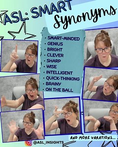 Kicking off one of my New Year’s resolution projects: sharing ASL synonyms! Today’s focus is the sign for “SMART,” with variations such as *Smart-minded *Genius *Bright *Clever *Sharp *Wise *Intelligent *Quick-Thinking *Brainy *On the Ball (english idioms) #smart #genius #englishidiom #ASL #deafcreator #Deaf #Deafcommunities #ASLteacher | Trix Bruce