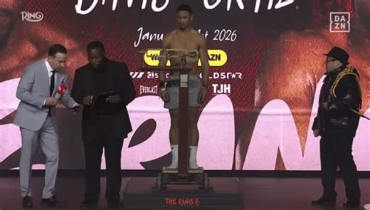 🔥 FINAL FACE-OFF 🔥 The ceremonial weigh-in is complete, and the tension is OFF THE CHARTS! Jamaine Ortiz and Keyshawn Davis stare each other down—fight night is officially here. 🥊💥 #JamaineOrtiz #KeyshawnDavis #TheRingVI #FightNight #DAZN | CES Boxing