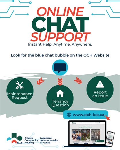 Need a repair or maintenance request? OCH has made it easier than ever. With Live Chat, tenants can request repairs online and receive real-time support Monday to Friday, from 8:30 a.m. to 4:30 p.m. Start your chat today at www.och-lco.ca -- Besoin d’une réparation ou d’un service d’entretien? LCO a simplifié le processus. Avec le clavardage en direct, les locataires peuvent faire leurs demandes de réparation en ligne et obtenir du soutien en temps réel du lundi au vendredi, de 8 h 30 à 16 h 30.
