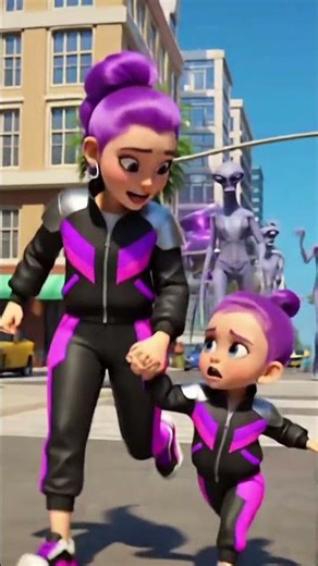 Purple-Haired Mom and Daughter Run from Aliens! 👽🚀 #phonk #animeedit #song #anime #familyfun