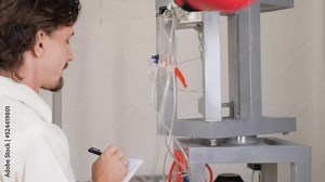 man records performance of boxer's robot. inventor monitors his device, pneumatic motor.