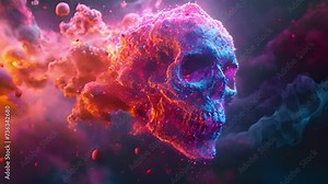 Neon synthwave skull exploding neon lights with smoke moving around. 4k video colorful effect