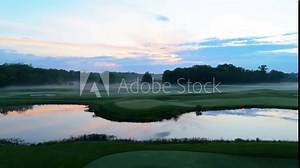 Flyby on a golf course with a stunning showcase of fog slowly creeping out of the forest line. Main focus on a large evergreen tree in the background.