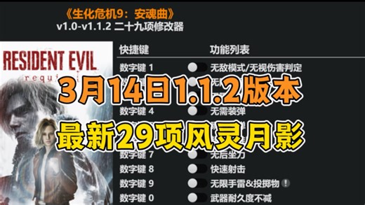 【生化危机9】v1.1.2版本最新29项风灵月影！无限弹药、无限生命、视角调整等超多功能，含保姆级使用教程！