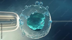 Artificial insemination in a scientific laboratory under a close-up view microscope. Fertilization of an egg cell, ovum, ovule. Concept origin of a new organism, life. 4K 3D animation