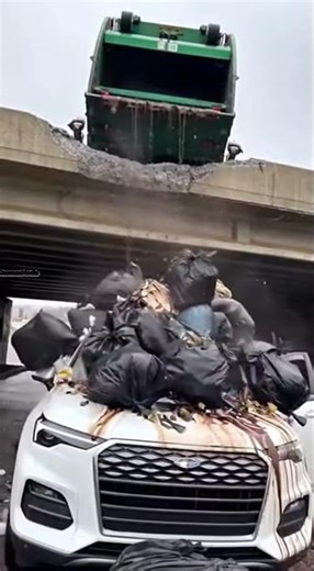 Garbage Truck Spills Trash and Sludge Onto SUV Below Overpass 🗑️❄️