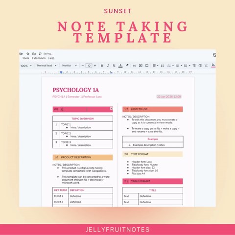 Academic Student Note Taking Google Docs Template - Sunset - Etsy