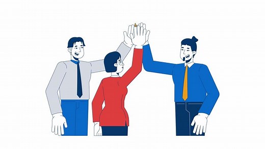 High five office workers colleagues cartoon animation. Highfive teamwork 4K motion graphic. Cooperation teammates multiracial coworkers support animated 2D characters isolated on white backdrop