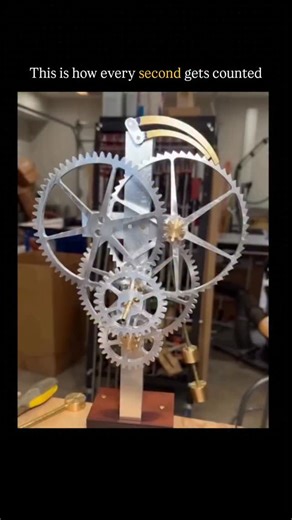 Facts & Stories on Instagram: "This captivating video showcases a beautiful, mechanical kinetic sculpture known as a rolling ball clock or gravity clock. The device uses a series of intricately designed, large metal gears and a sophisticated escapement mechanism, powered by the rhythmic release and descent of small metal balls. Unlike traditional clocks using pendulums or springs, here the transfer of a ball down the golden rails drives the movement of the large gears, effectively counting out e