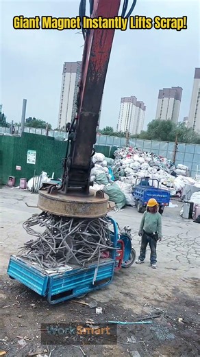 Scrap Metal Lifting by Crane Operator: Electromagnetic Pickup and Steel Loading Process