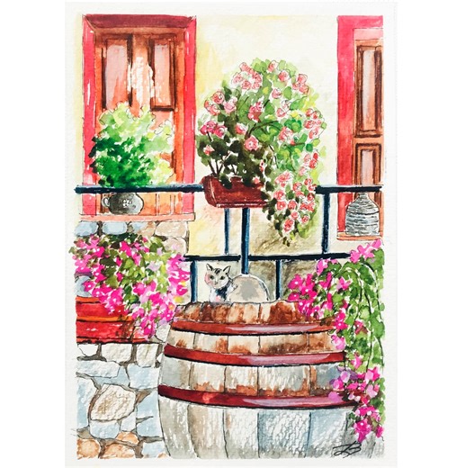 Italy Painting Watercolor Original: Mediterranean Courtyard With Cat 8x6" - Etsy