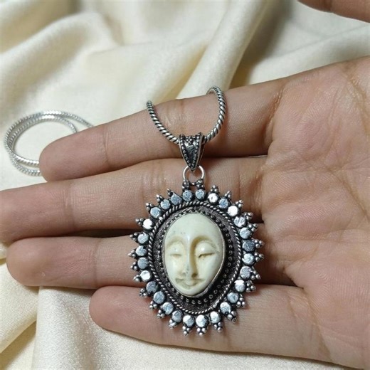 Carved Bone Moon Face Pendant, 925 Sterling Silver Sunburst, Celestial Boho Necklace - Etsy