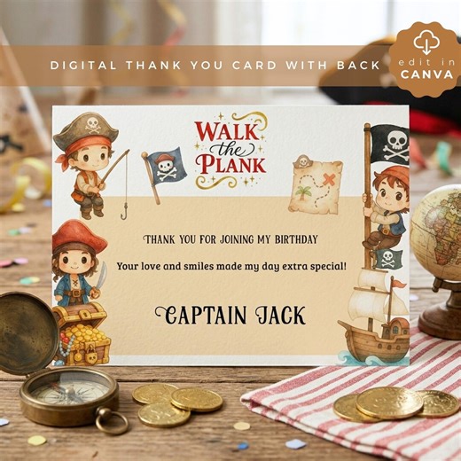 Pirate Thank You Card Template With Photo, Editable 5x7 Canva, Kids Birthday Theme, CHAR01 - Etsy