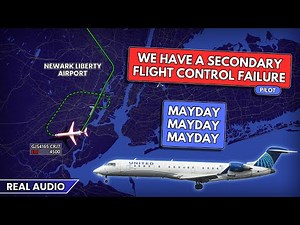 Secondary flight control failure. GoJet CRJ-700 declares MAYDAY on approach to Newark. Real ATC