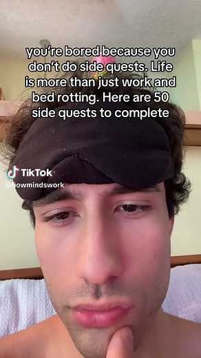 You’re bored because your life has no side quests. Corporate life turned you into: Wake up → work → scroll → sleep → repeat. So here are 30 Side Quests to bring back main character energy 🎬👇 🏙 CITY SIDE QUESTS 1.\tGo to a café alone with no phone 2.\tTake the metro to the last station and explore 3.\tVisit a museum like a tourist 4.\tFind the best street food in your city (1-hour mission) 5.\tWatch a sunrise from a random viewpoint 6.\tGo on a solo movie date 7.\tExplore a local market you’ve