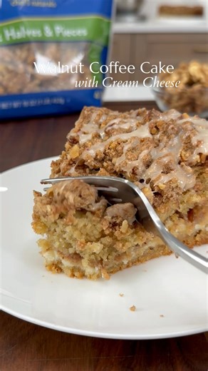 Walnut Coffee Cake What better way to start the day than with a piece of cake?! This coffee cake is fluffy, yet rich with cinnamon flavor, a creaminess from the cream cheese & the absolute must-a great crunch from @fishernutsbrand walnuts. Fisher Nuts Brand walnuts are one of my favorite pantry staples. They add that great crunch whether you’re baking or cooking or just need a snack! Cake 2 cups 1.1 GF flour or all purpose 4 tsp baking powder ½ tsp baking soda ½ tsp kosher salt 2 eggs ⅔ sugar 1 