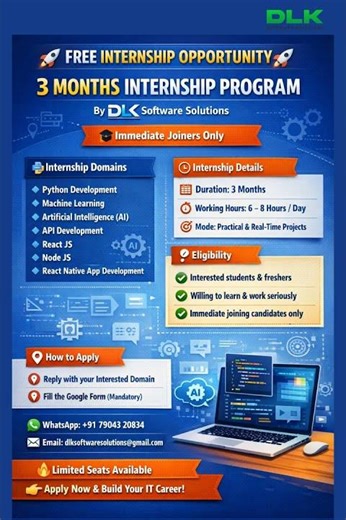 Free Internship – 3 Months Real-Time IT Program #dlksoftwaresolutions #internship2026