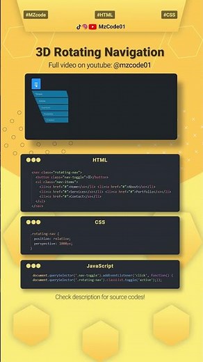 3D Rotating Navigation Menu Hamburger Style – HTML, CSS & JavaScript Tutorial