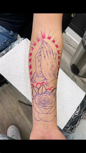 Stunning Arm Tattoos with Rose and Praying Hands Design
