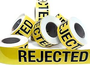 Industrial Safety Warning Tape, Rejected 3 Inch x 200 Feet, Black on Yellow, Vinyl with Adhesive, Apply to Equipment, Wall, Inventory and Floor